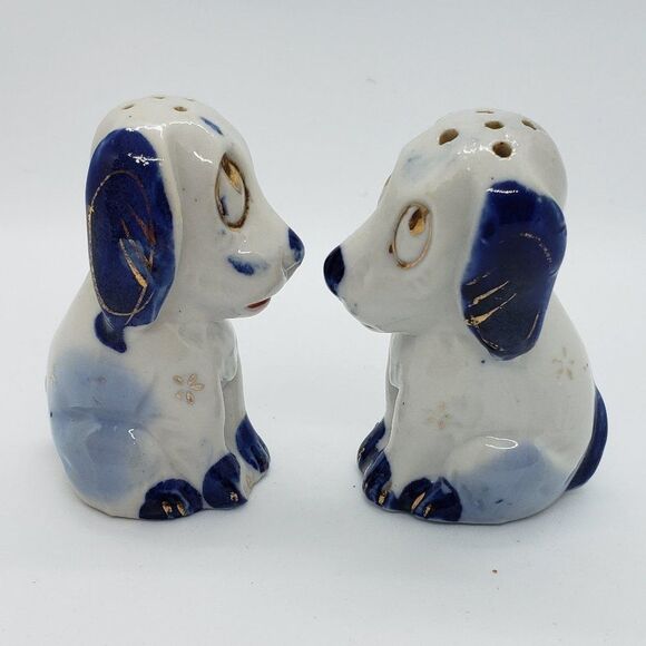 White Blue Gold Sad Eyed Dog Vintage Salt and Pepper Shaker - Picture 2 of 9